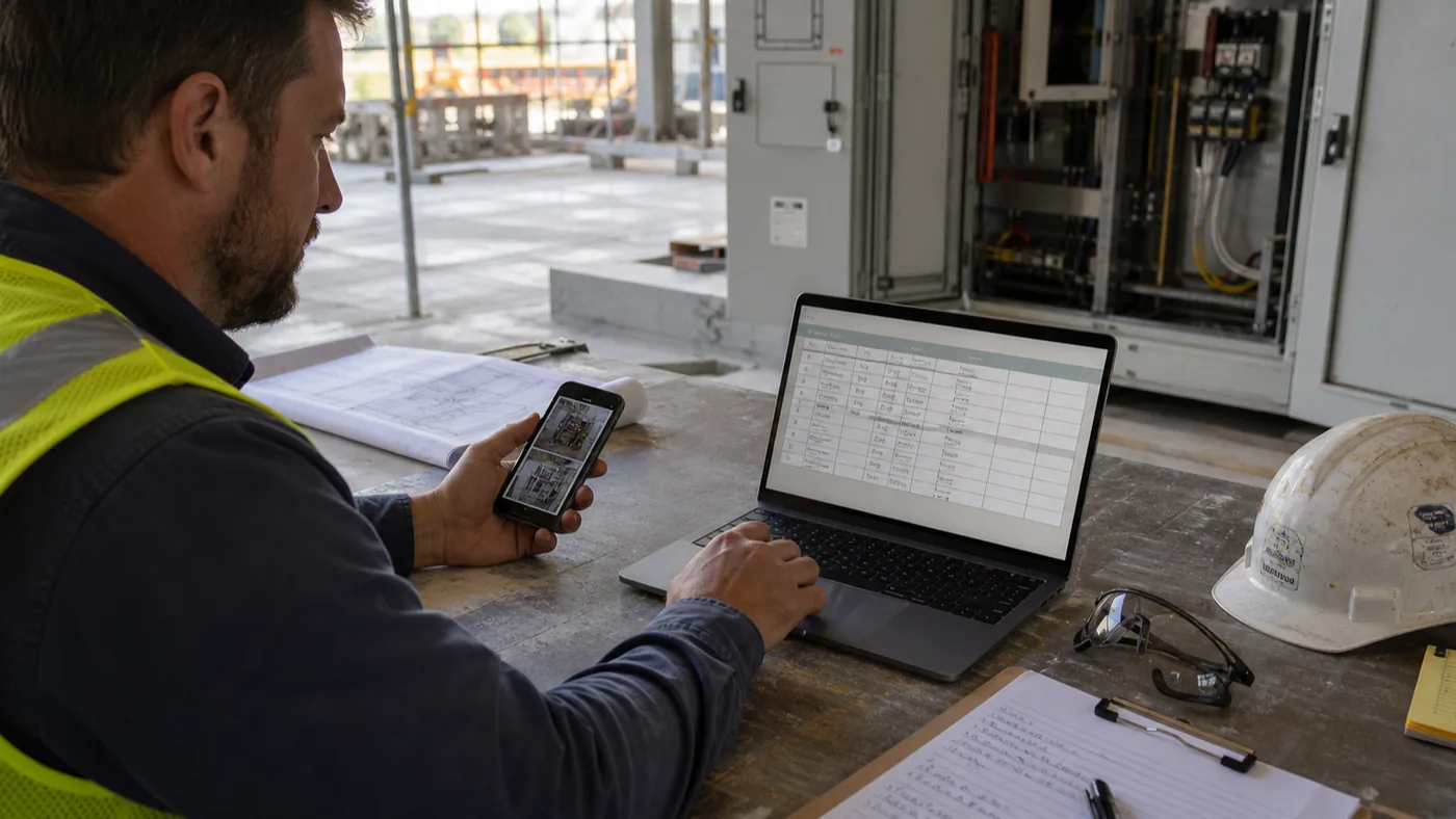 Electrician entering jobsite photo details into a manual spreadsheet
