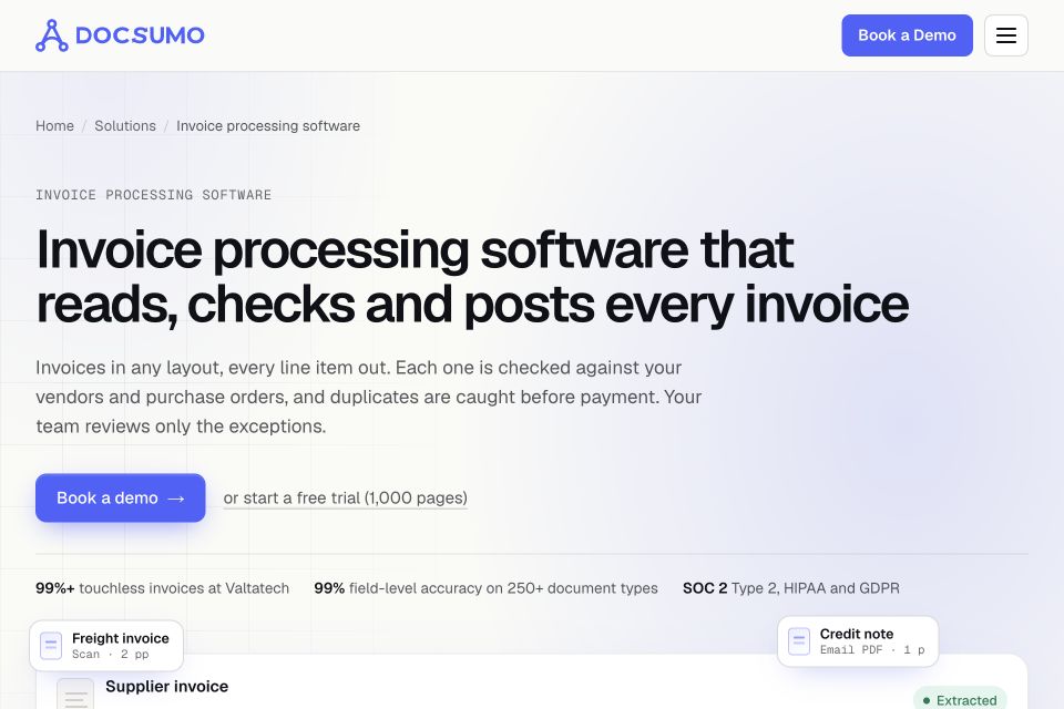 Docsumo invoice processing software page