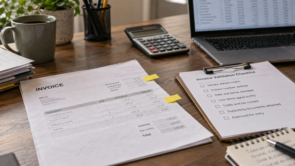 Invoice with flagged fields beside a validation checklist and spreadsheet