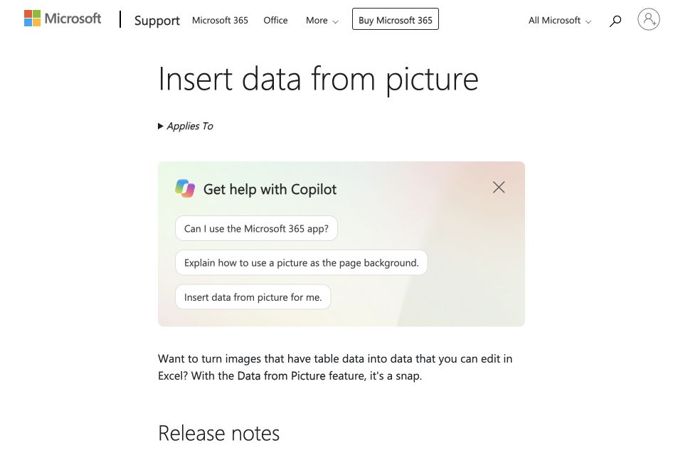 Microsoft Excel Insert Data from Picture support page