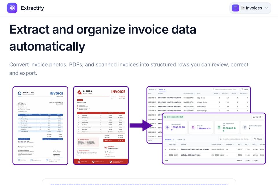 Extractify invoice extraction page showing invoices converted into structured data