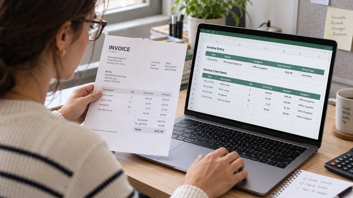 Paper invoices converted into organized spreadsheet rows on a laptop