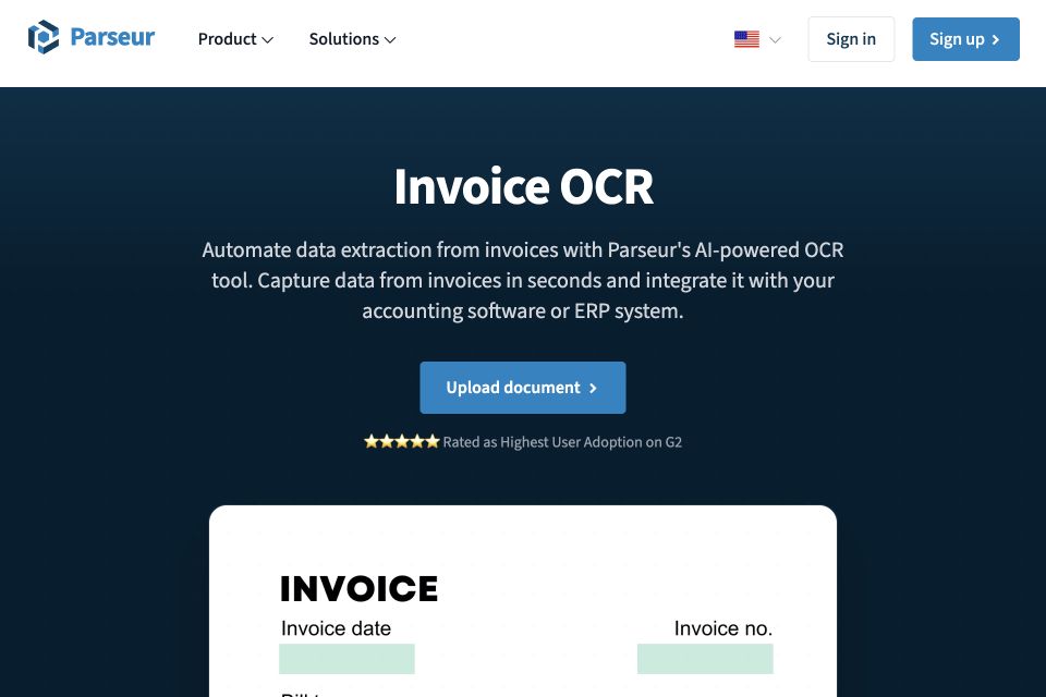 Parseur Invoice OCR solution page