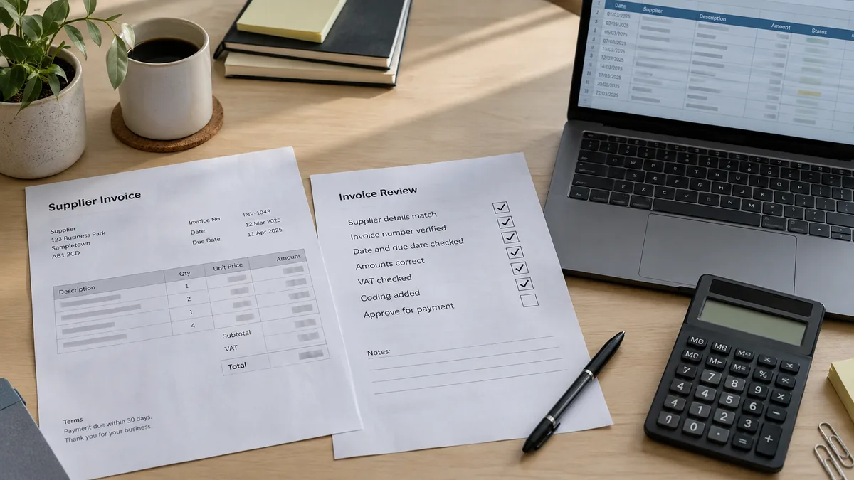 Supplier invoice and review checklist beside a spreadsheet and calculator